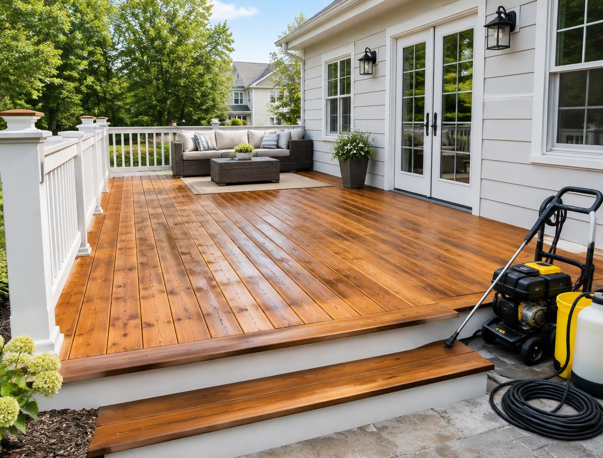 Freshly stained cedar deck with clean white railings