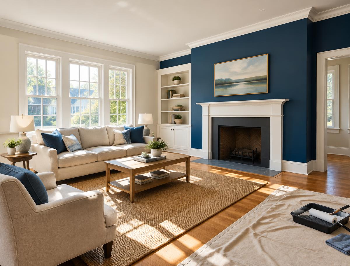 Freshly painted living room with a deep blue accent wall